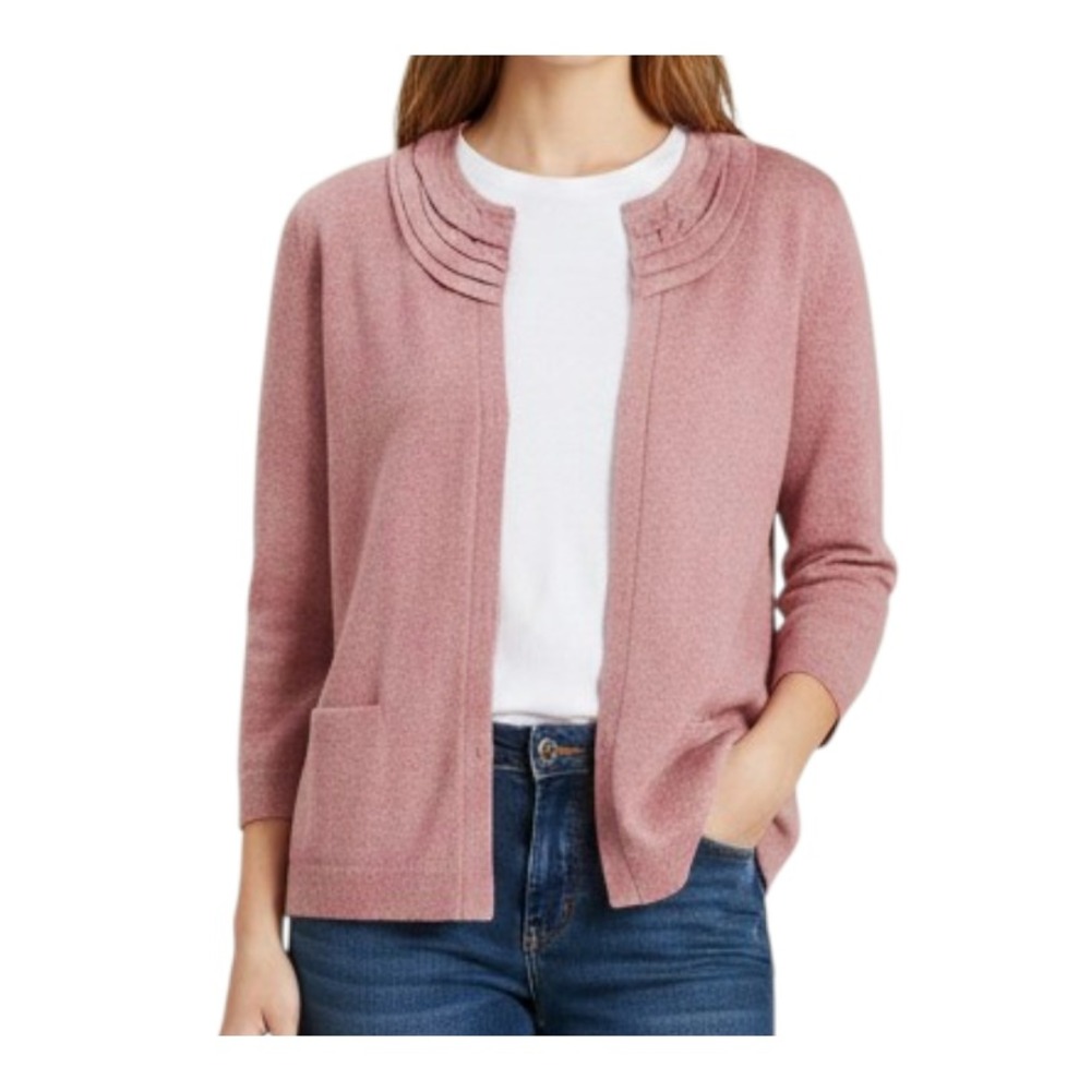 NWT J. Jill Sweater Cardigan PINK TWEED Slub Wool Silk LAYERED COLLAR Snap-Up XL